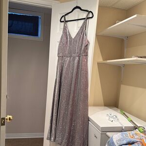 Metallic Silver Sparkle V-Neck Maxi Dress